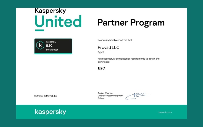 Kaspersky partner program certificate for ProVAD Egypt