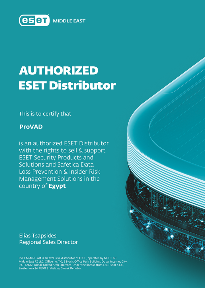 ProVAD certificate of authorized distributor by ESET in Egypt
