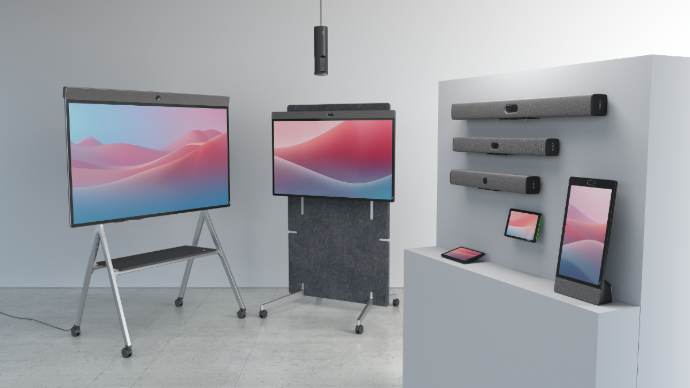 Neat potfolio of products, including neat.board, neat bar, neat frame, and the room controler.