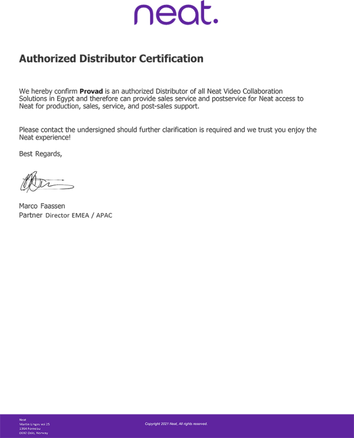 ProVAD certificate of authorized partner of NEAT in Egypt